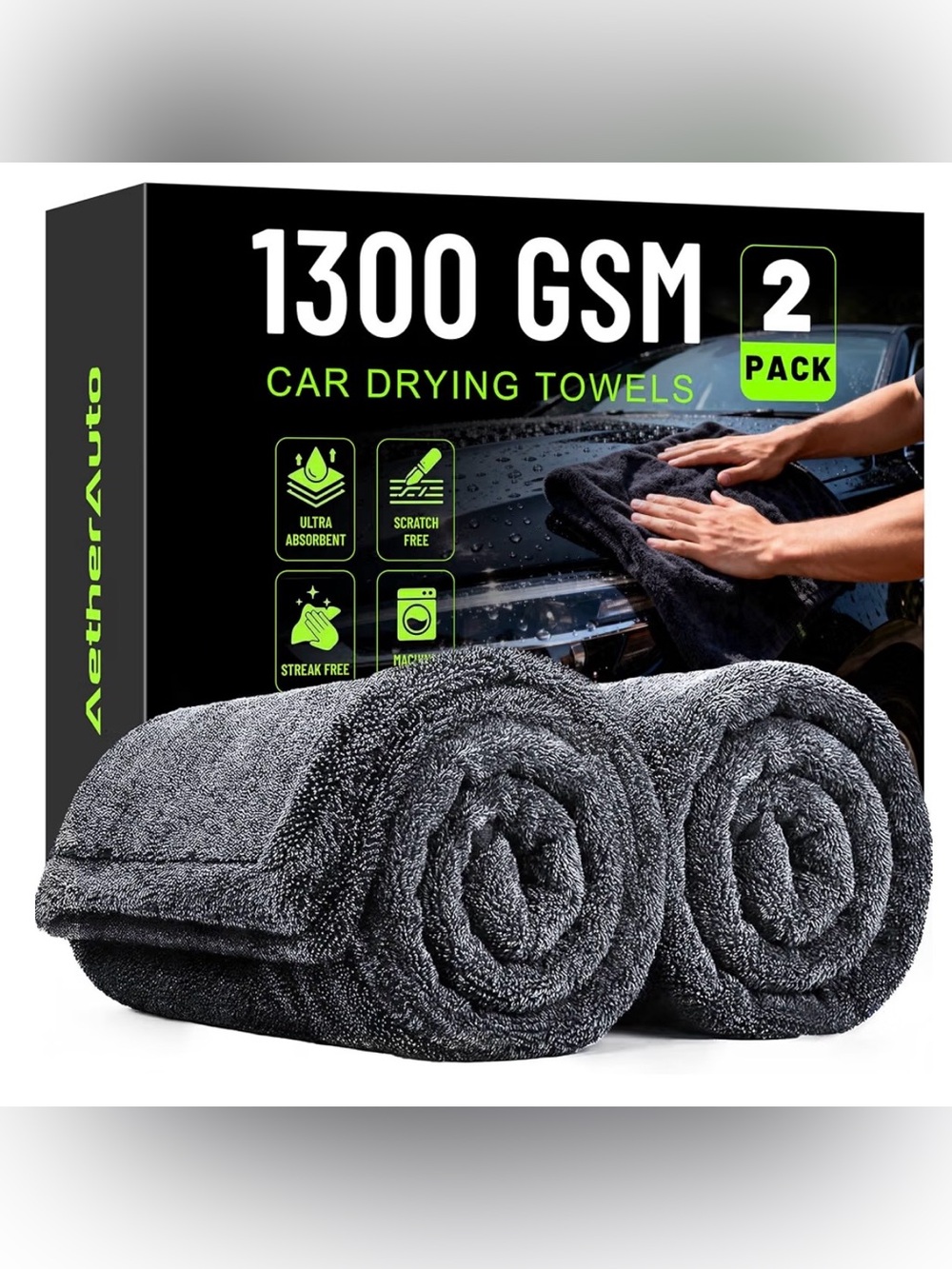 𝟏𝟑𝟎𝟎GSM Car Drying Towels: 2-Pack 36"X24" - Super Absorbent